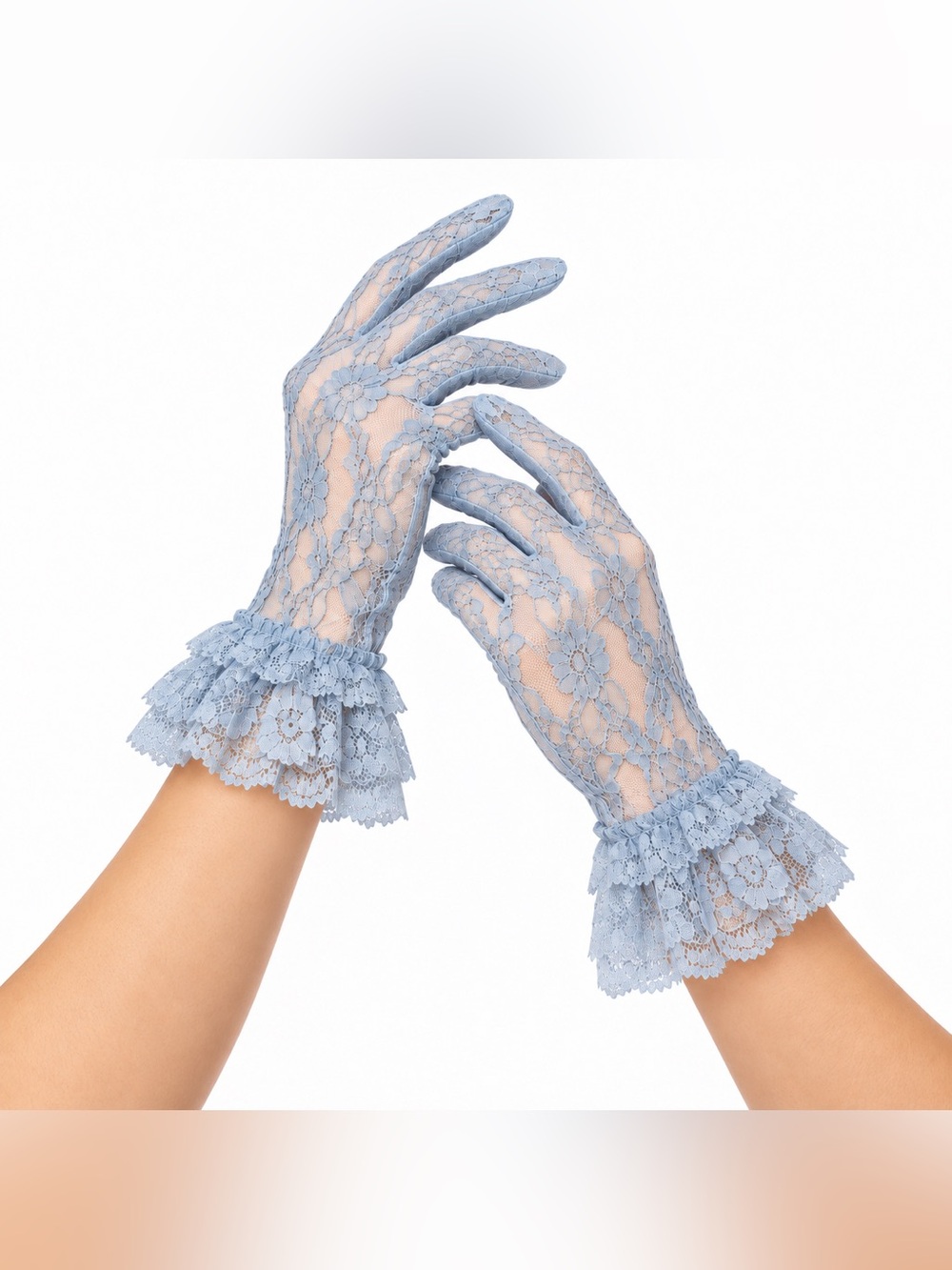 Vintage 1980s Gloria Light Blue Floral Lace Costume Gloves One Size
